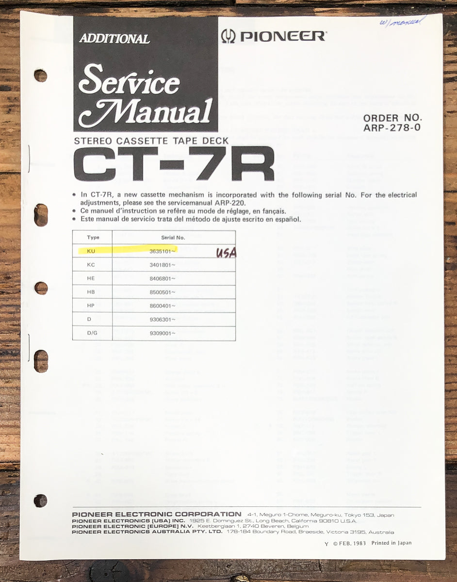 Pioneer CT-7R Cassette Additional Service Manual *Original*