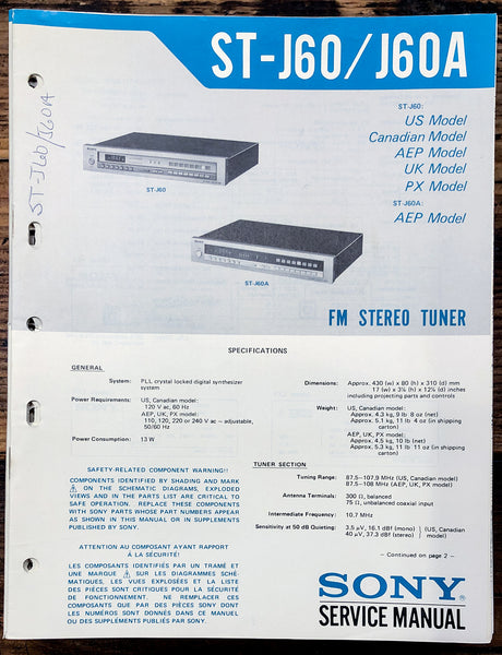 Sony ST-J60 ST-J60A Tuner  Service Manual *Original*