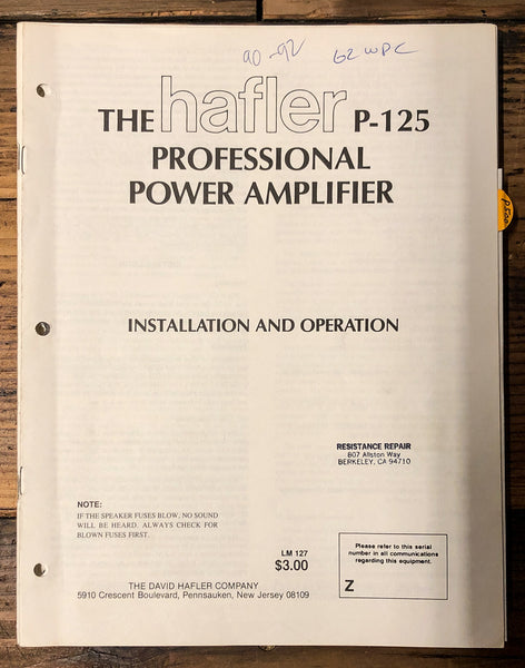 Hafler P-125 P125 Amplifier  Service Manual *Original*