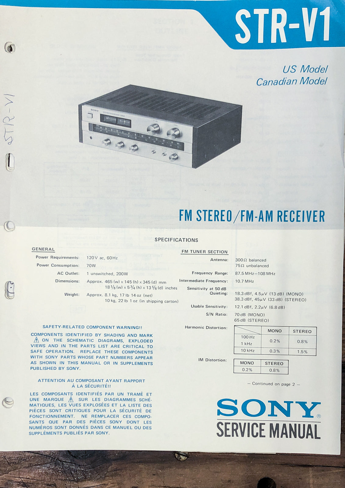 Sony STR-V1 Receiver  Service Manual *Original*
