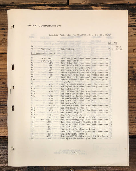Sony TC-660 Reel to Reel Parts List Manual *Original*