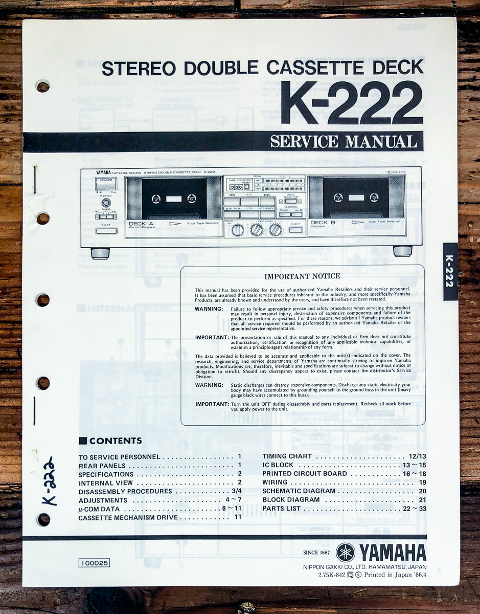 Yamaha K-222 Cassette Service Manual *Original*