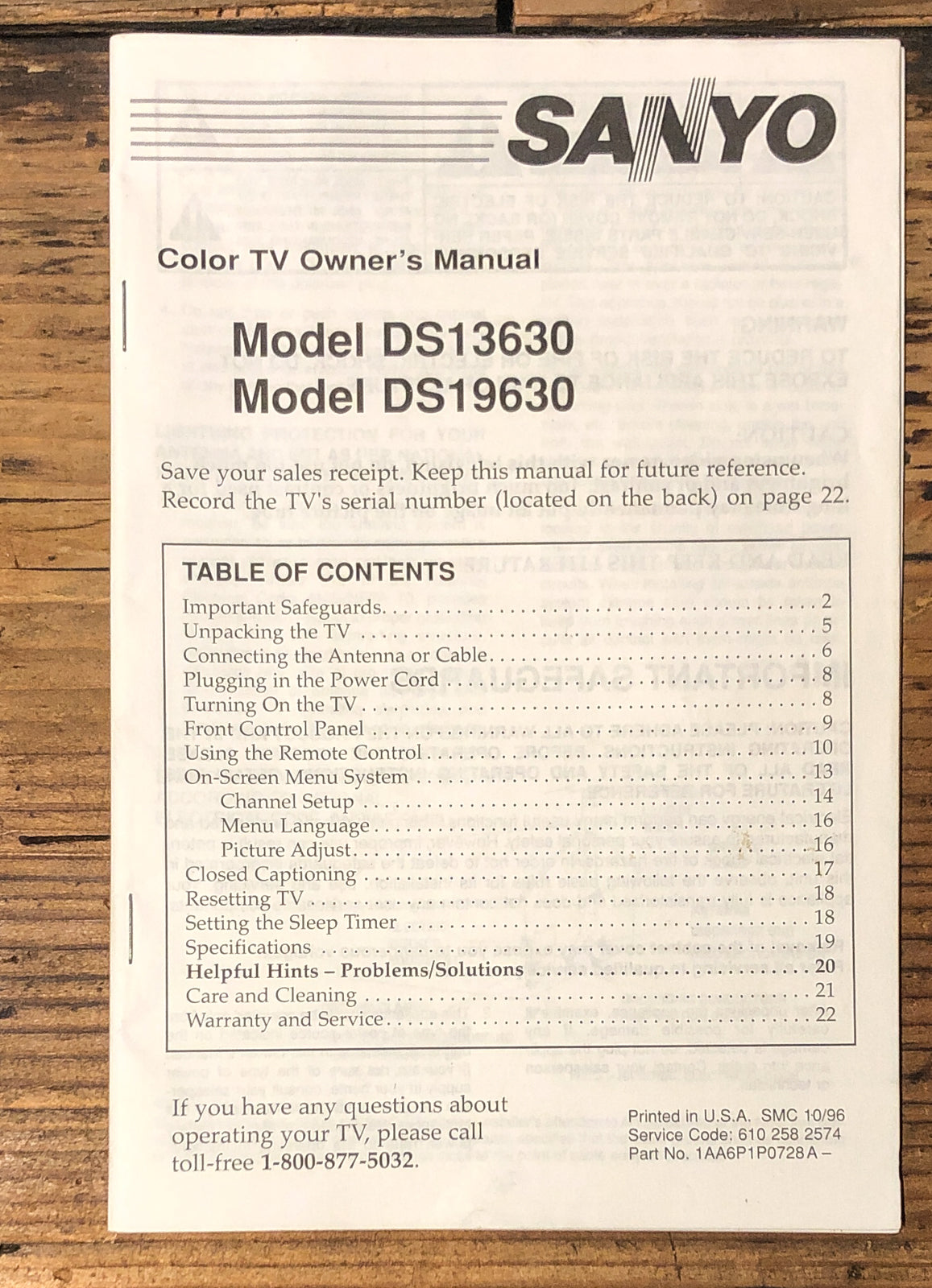 Sanyo Model DS13630 DS19630 Color TV  Owner / User Manual *Original*