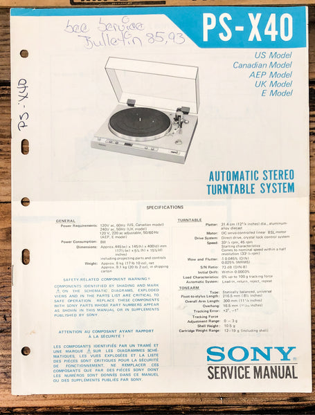 Sony PS-X40 Record Player / Turntable  Service Manual *Original*