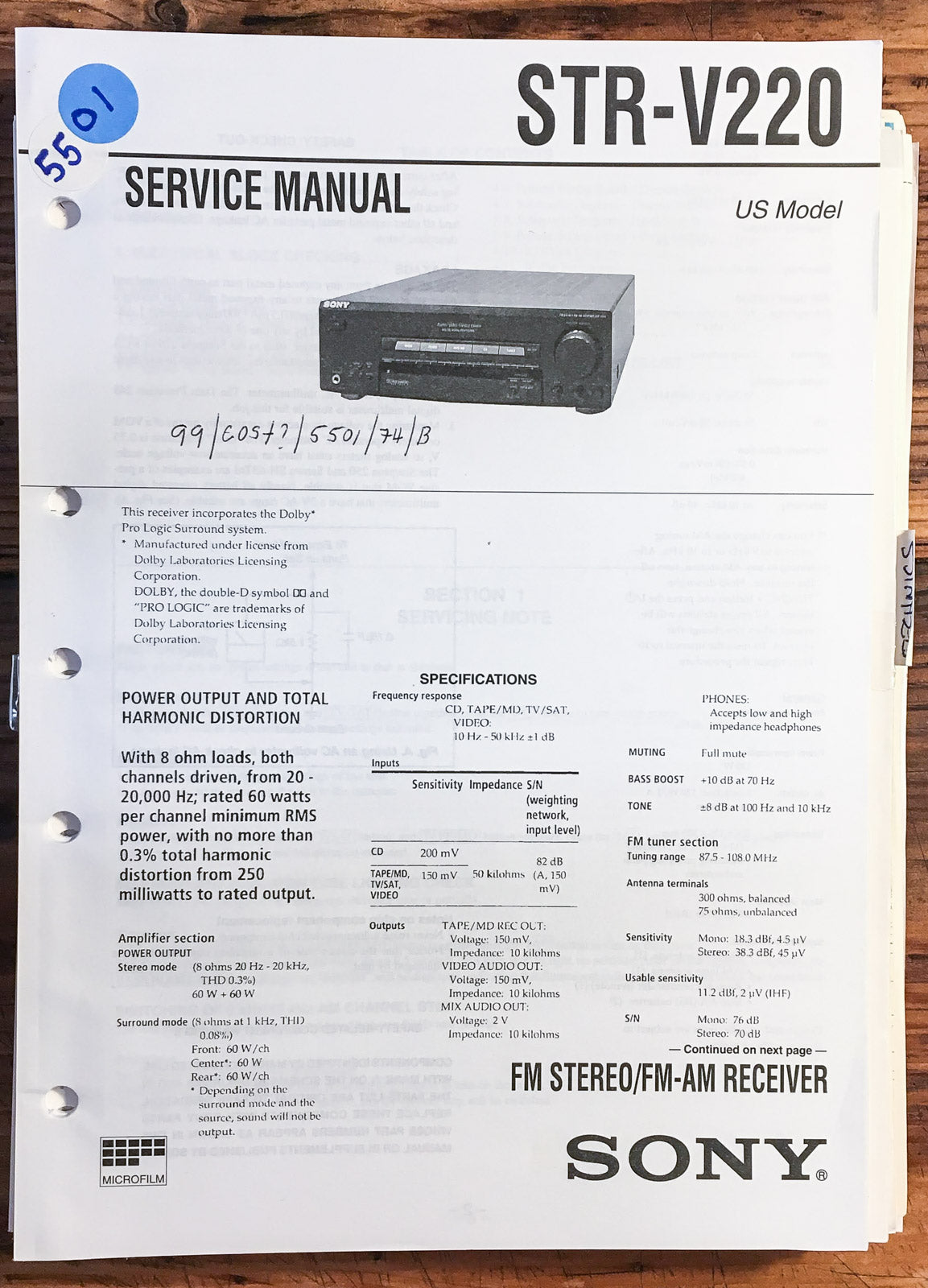 Sony STR-V220 Receiver  Service Manual *Original*