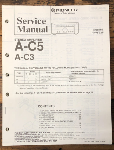 Pioneer A-C3 A-C5 Amplifier  Service Manual *Original*