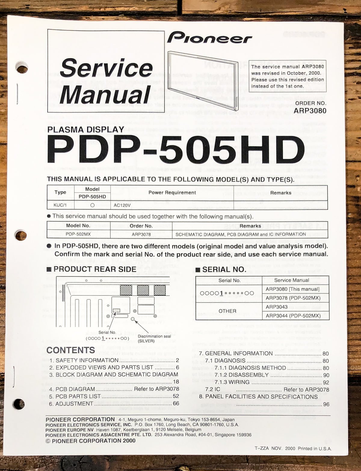 Pioneer PDP-505HD Plasma Display Service Manual *Original*