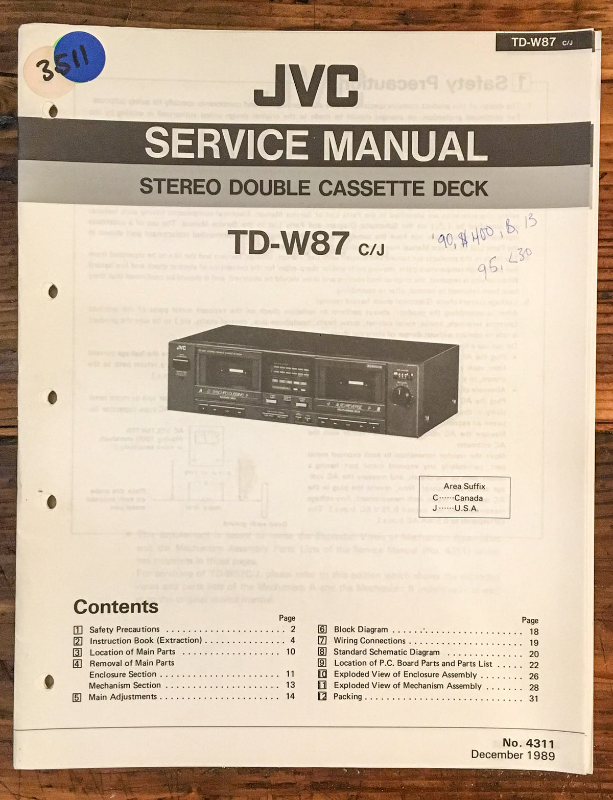 JVC TD-W87 Cassette Deck  Service Manual *Original*