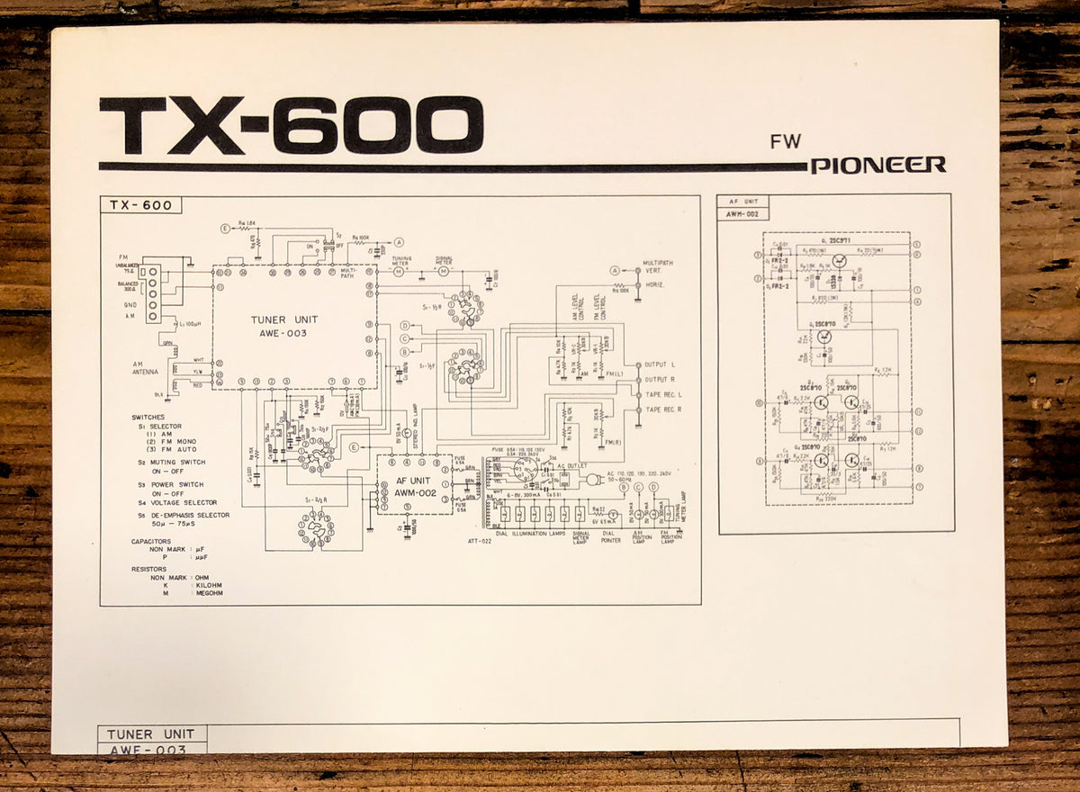 Pioneer TX-600 Tuner Large Fold Out Schematic *Original*