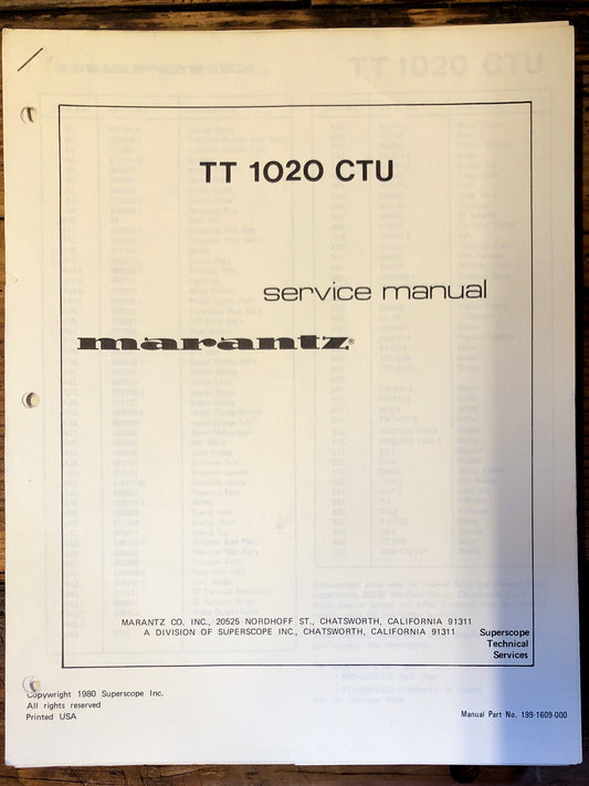 Marantz TT 1020 CTU Record Player / Turntable  Service Manual *Original*
