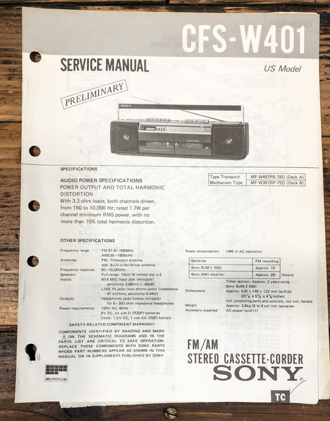 Sony CFS-W401 Radio Prelim. Service Manual *Original*