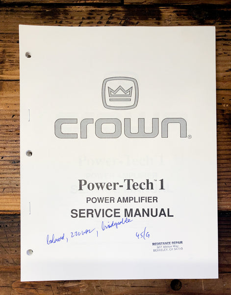 Crown PT-1 Power Tech 1 Amplifier  Service Manual *Original*