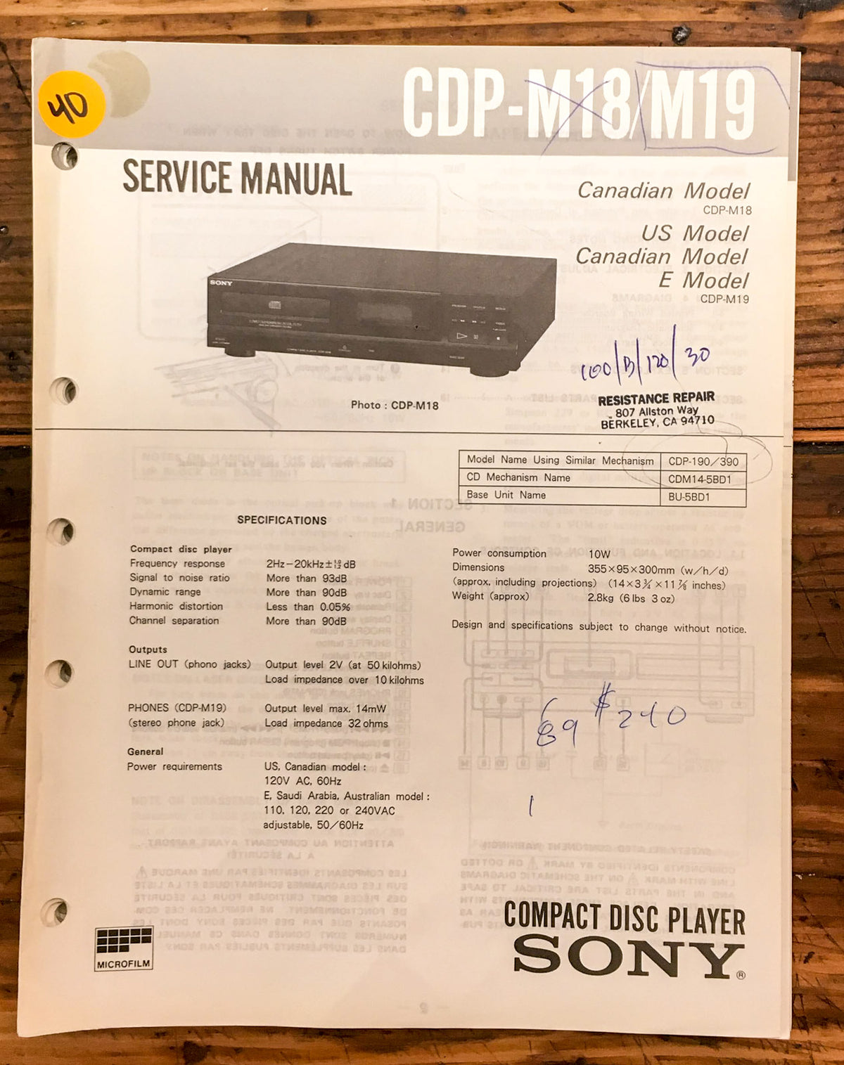 Sony CDP-M18 CDP-M19 CD Player  Service Manual *Original*