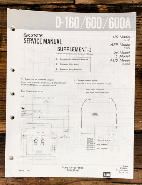 Sony D-160 D-600 D-600A CD Player Supp. Service Manual *Original*