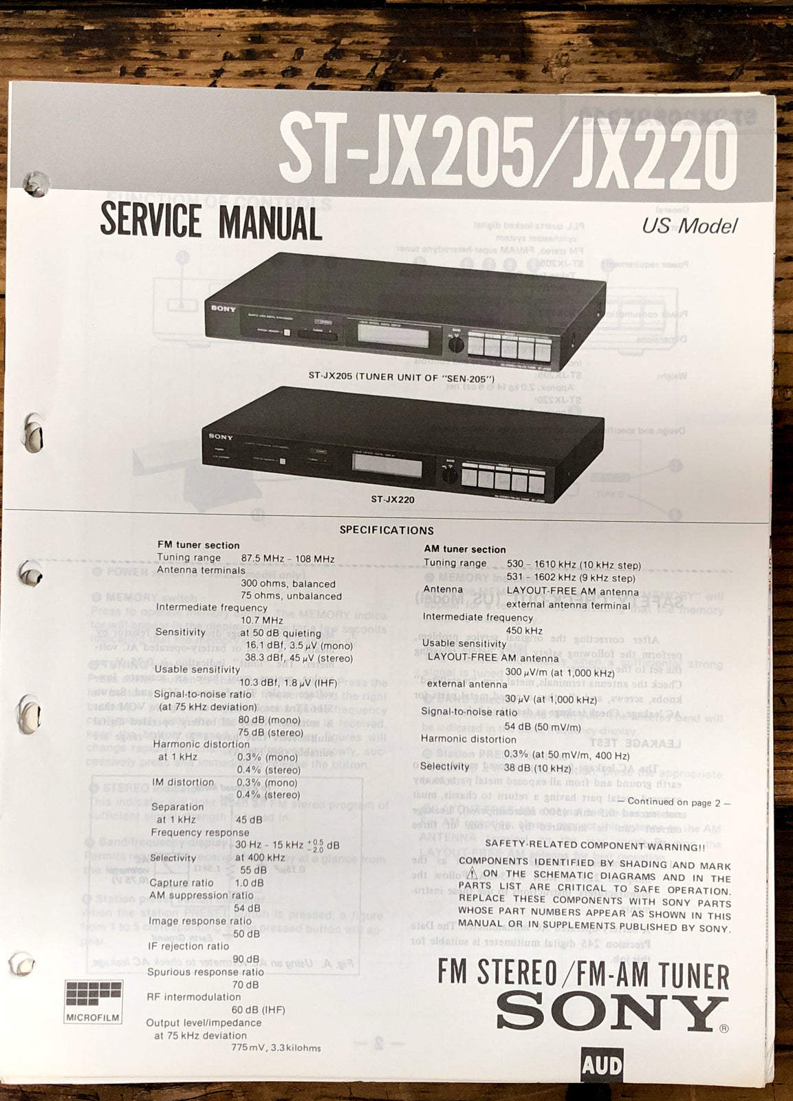Sony ST-JX205 ST-JX220 Tuner  Service Manual *Original*