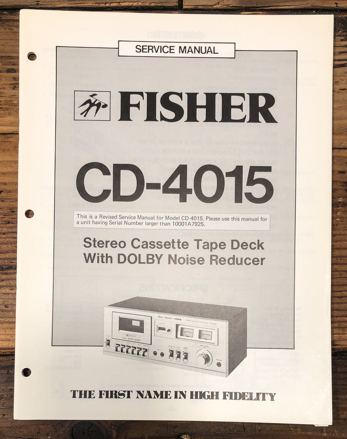Fisher CD-4015 Cassette Revised Service Manual *Original*