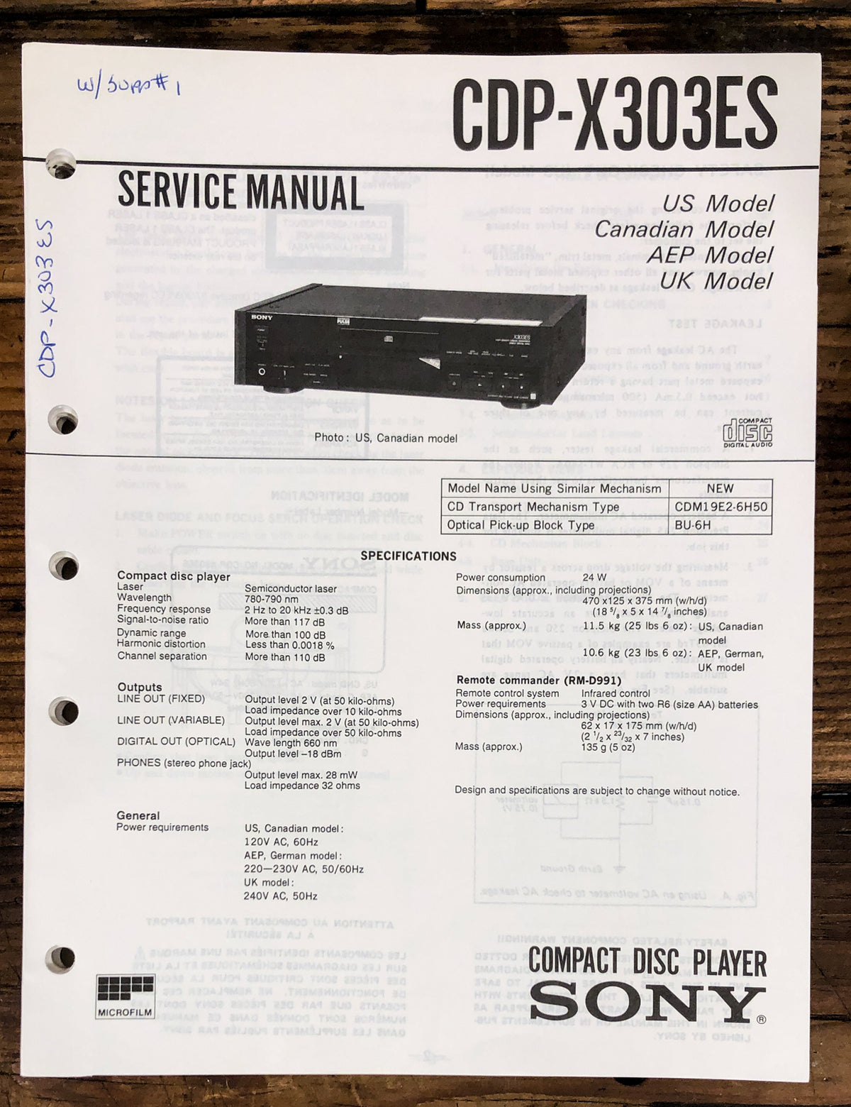 Sony CDP-X303ES CD Player  Service Manual *Original*