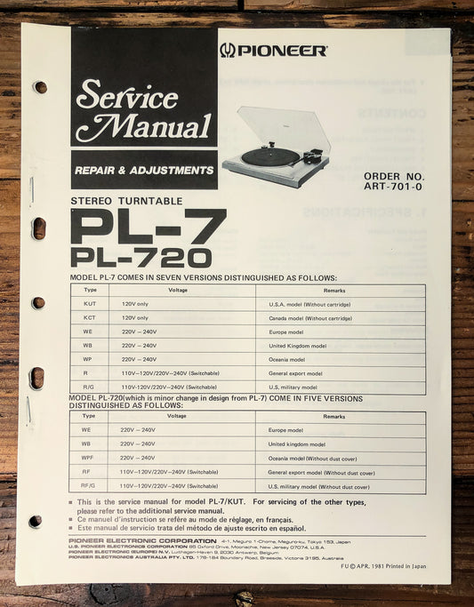 Pioneer PL-7 PL-720 Turntable Service Manual *Original*