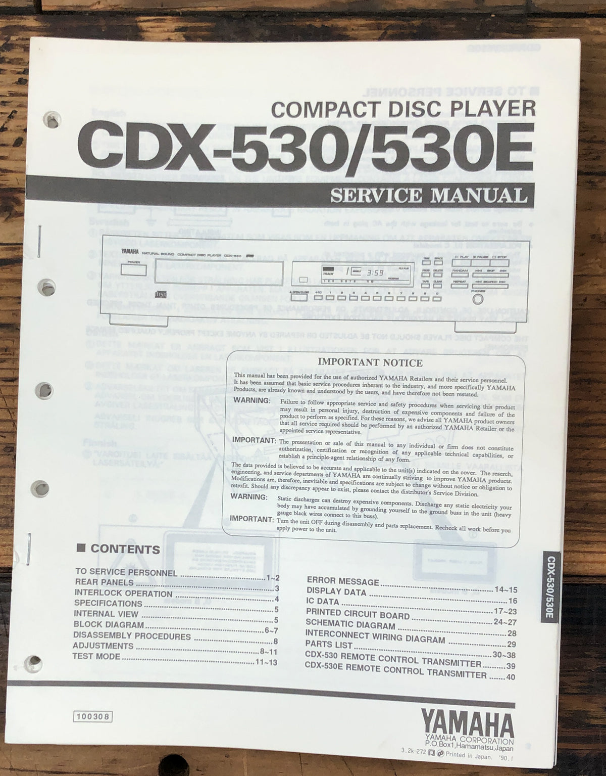 Yamaha CDX-530 CDX-530E CD Player Service Manual *Original*