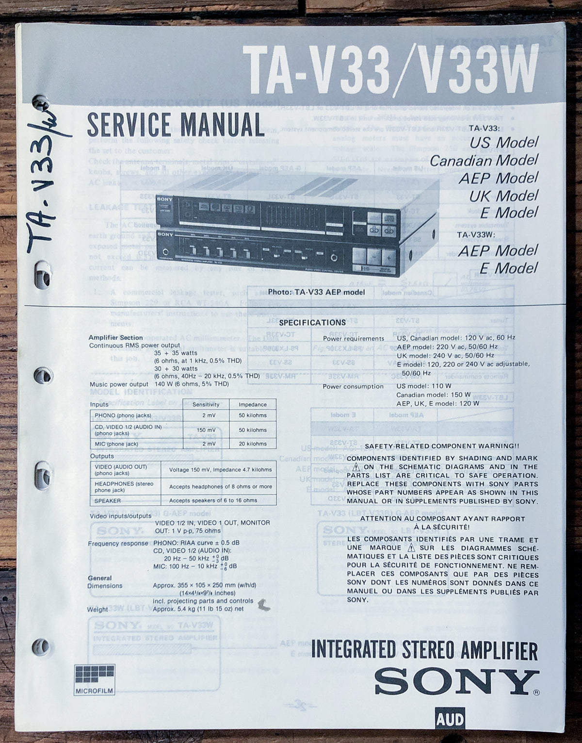 Sony TA-V33 TA-V33W Amplifier  Service Manual *Original*