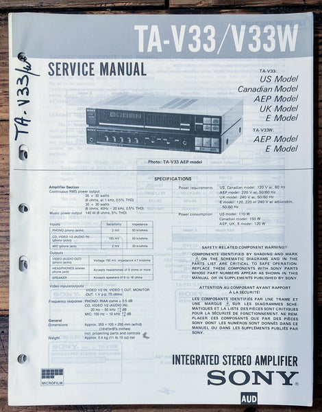 Sony TA-V33 TA-V33W Amplifier  Service Manual *Original*