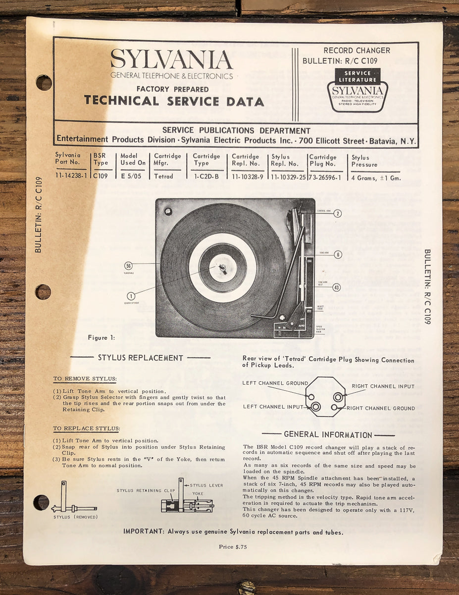 Sylvania / BSR  R/C Model C109 C-109 Record Changer Service Manual *Original*