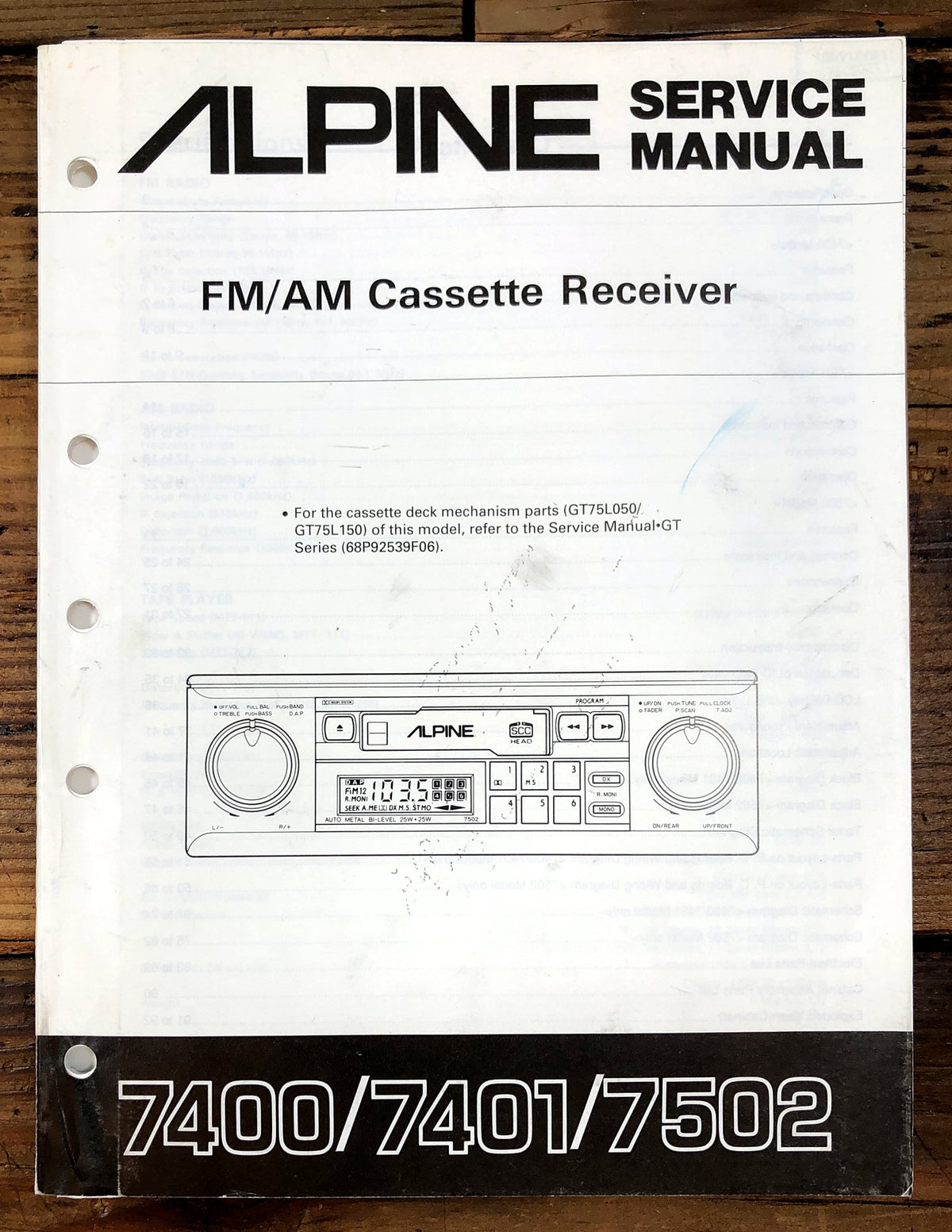 Alpine 7400 7401 7502 FM/AM Cassette Receiver Service Manual *Original*