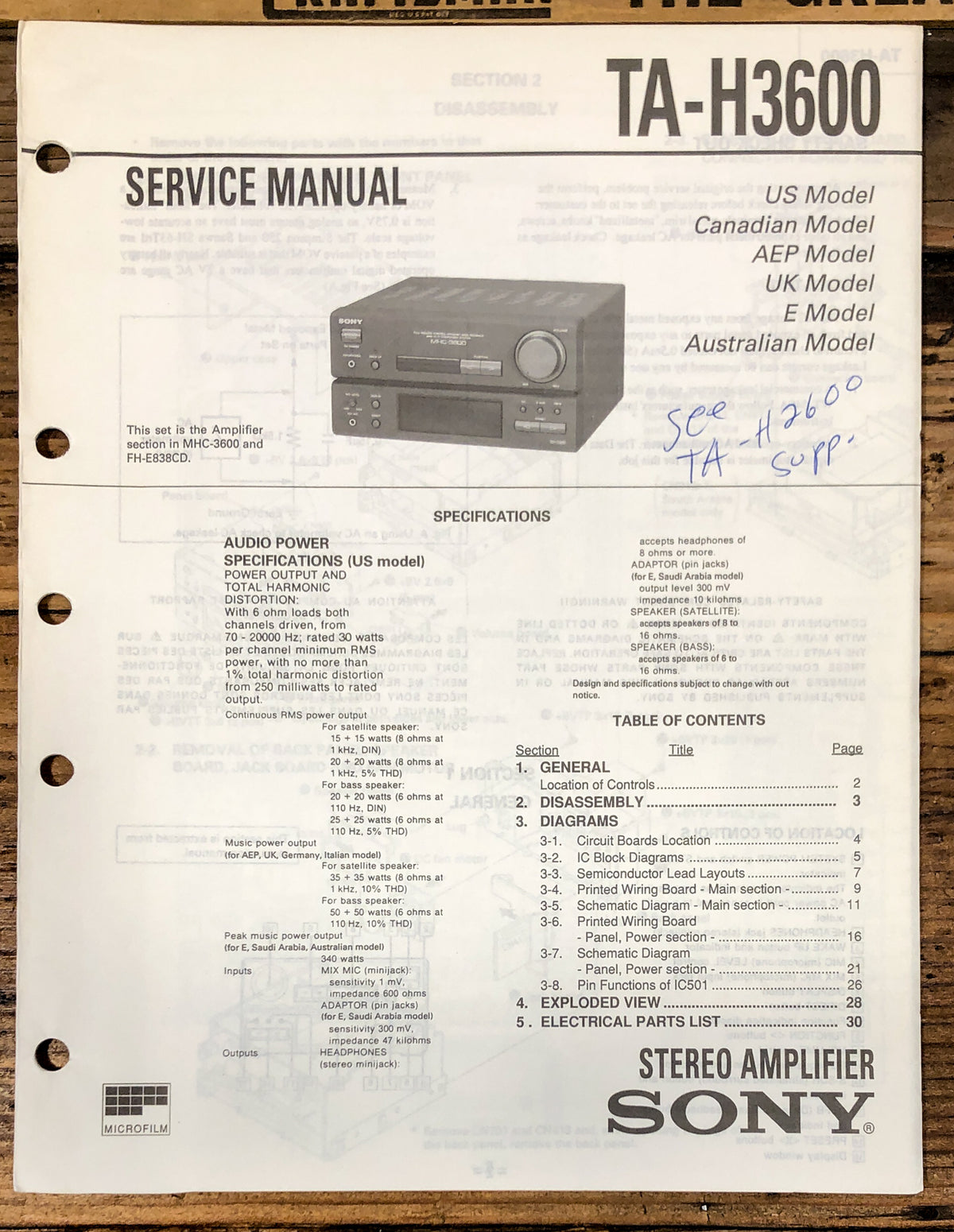 Sony TA-H3600 Amplifier  Service Manual *Original*