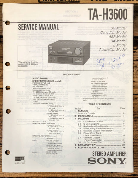 Sony TA-H3600 Amplifier  Service Manual *Original*