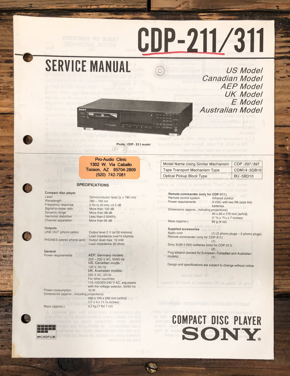 Sony CDP-211 CDP-311 CD Player  Service Manual *Original*