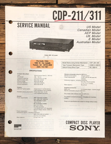 Sony CDP-211 CDP-311 CD Player  Service Manual *Original*