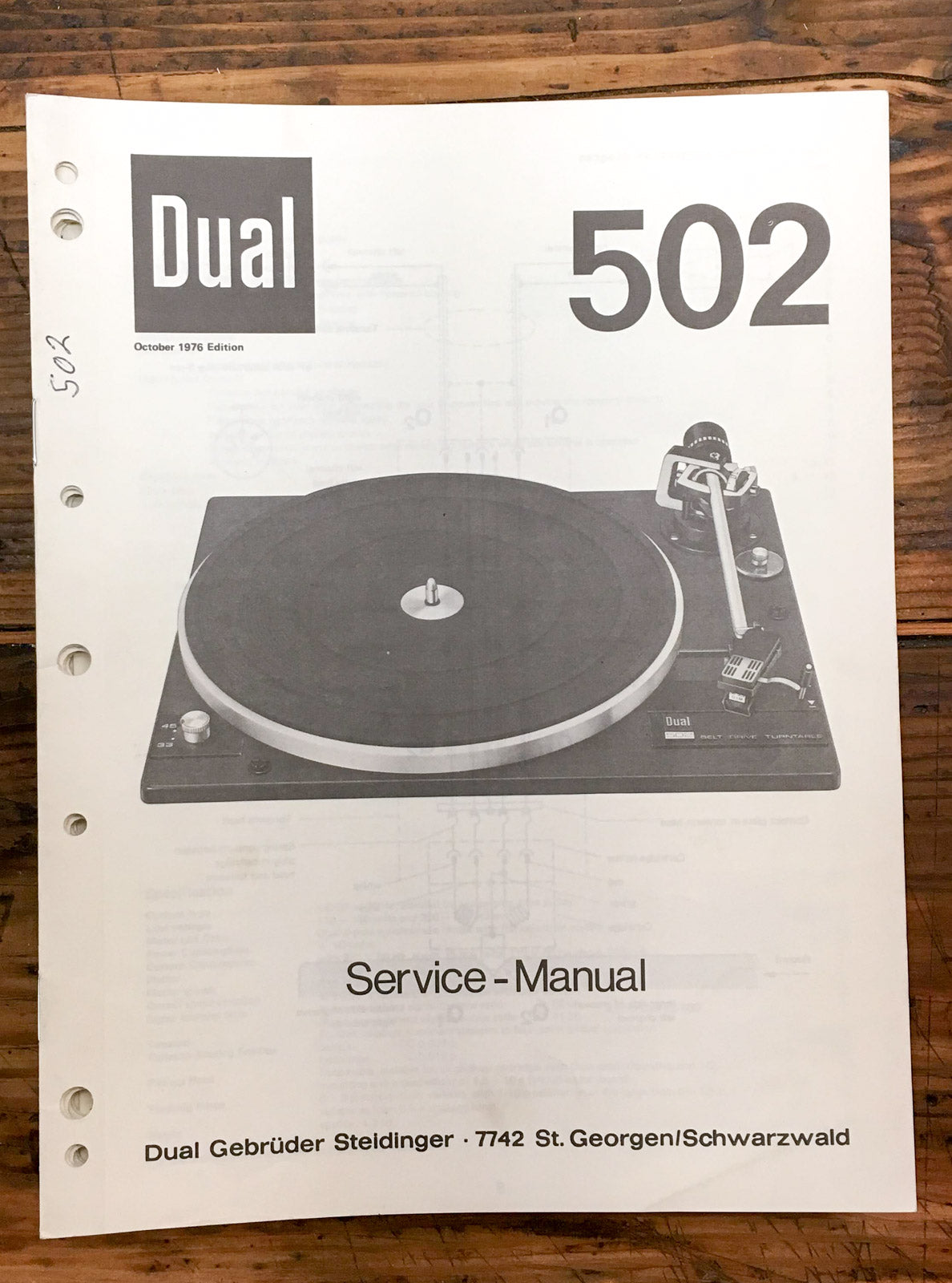 Dual Model 502 Record Player / Turntable  Service Manual *Original*