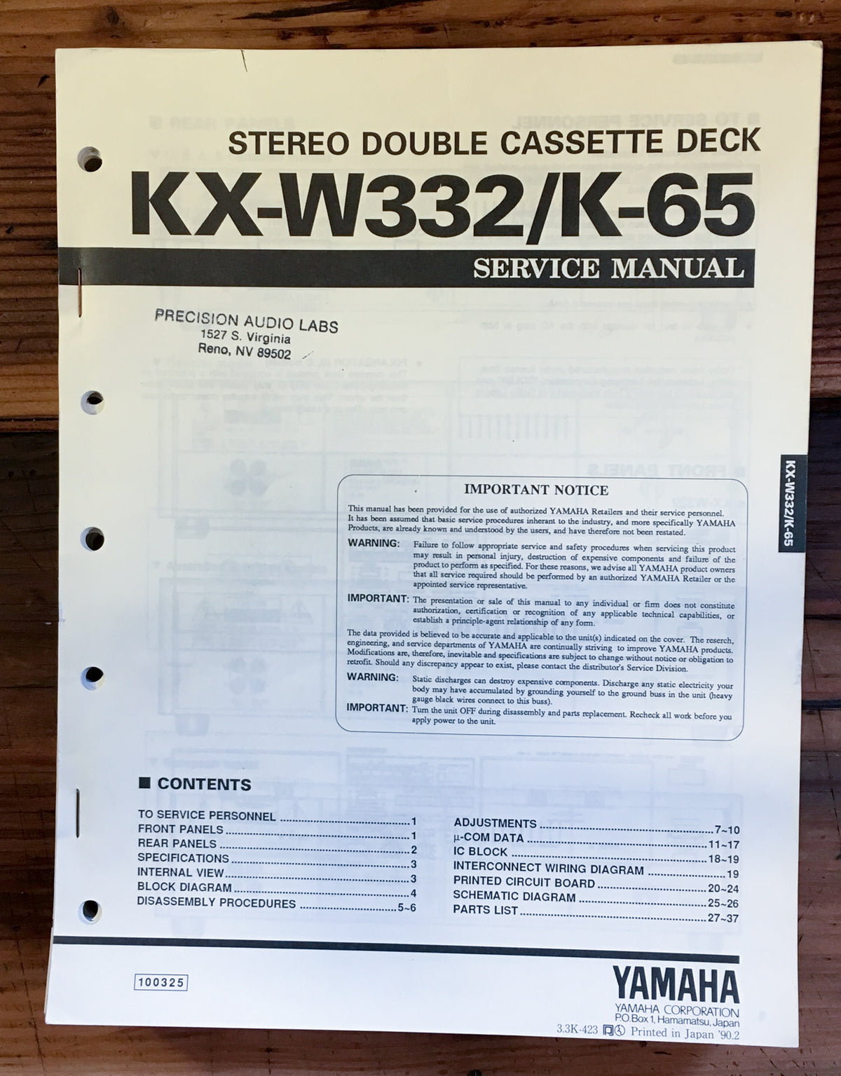 Yamaha KX-W332 K-65 Cassette Service Manual *Original*