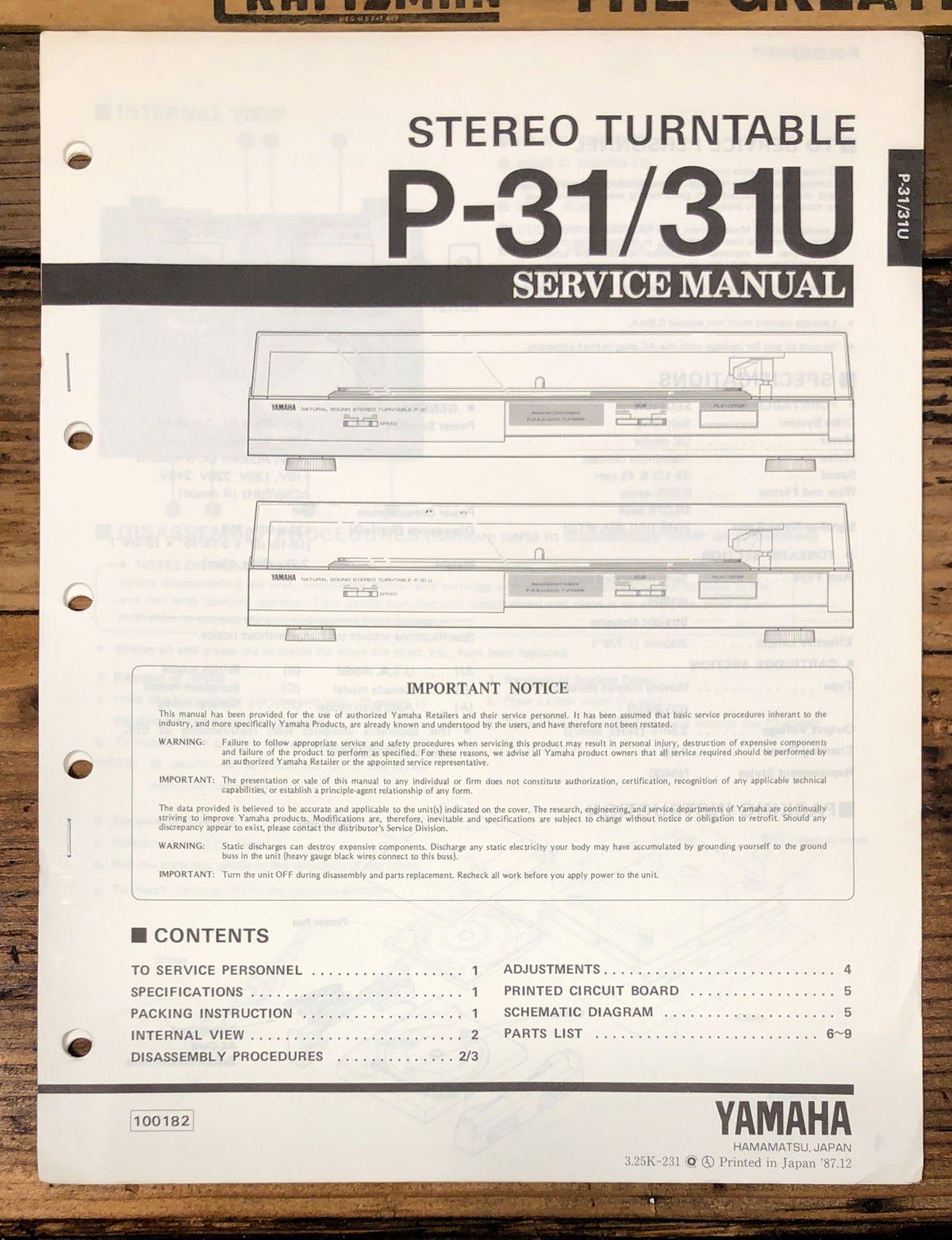 Yamaha P-31 P-31U Record Player / Turntable  Service Manual *Original*