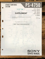Sony PS-4750 Record Player / Turntable Supp. Service Manual *Original*