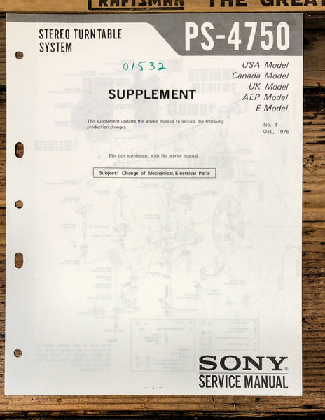 Sony PS-4750 Record Player / Turntable Supp. Service Manual *Original*
