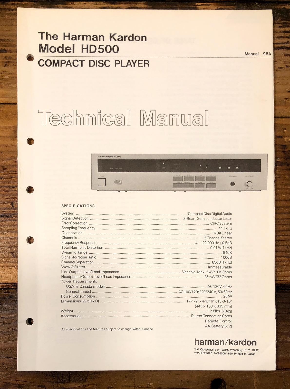 Harman Kardon HD500 HD-500 CD Player Service Manual *Original* Part A