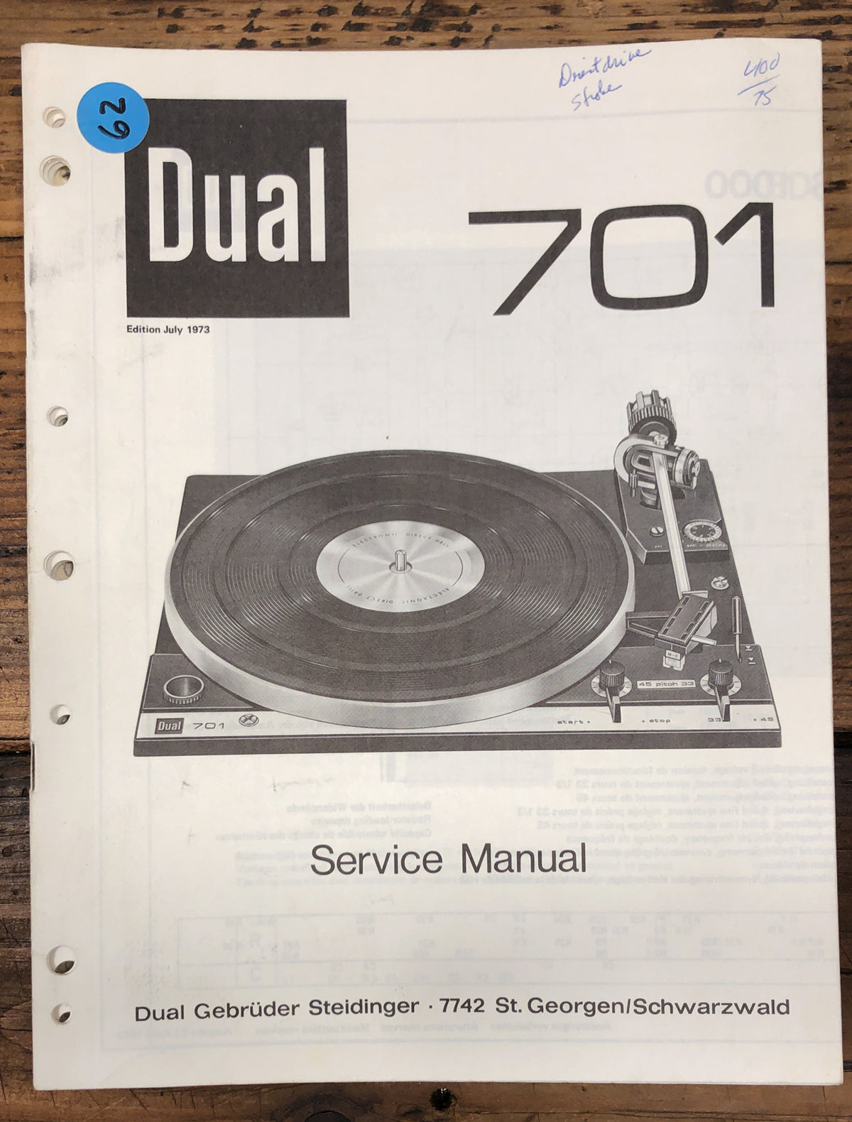Dual Model 701 Record Player / Turntable  Service Manual *Original*
