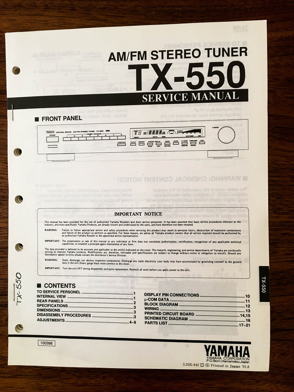 Yamaha TX-550 TUNER Service Manual *Original*