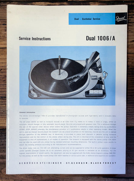 Dual Model 1006 1006A Record Player / Turntable  Service Manual *Original*