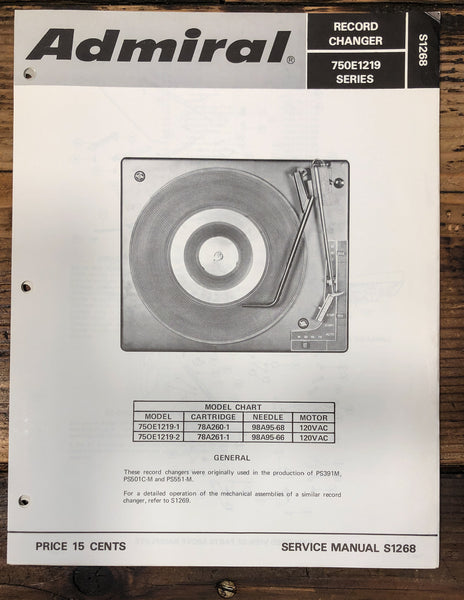 Admiral 750E 1219 Record Player / Turntable Service Manual *Original* #1
