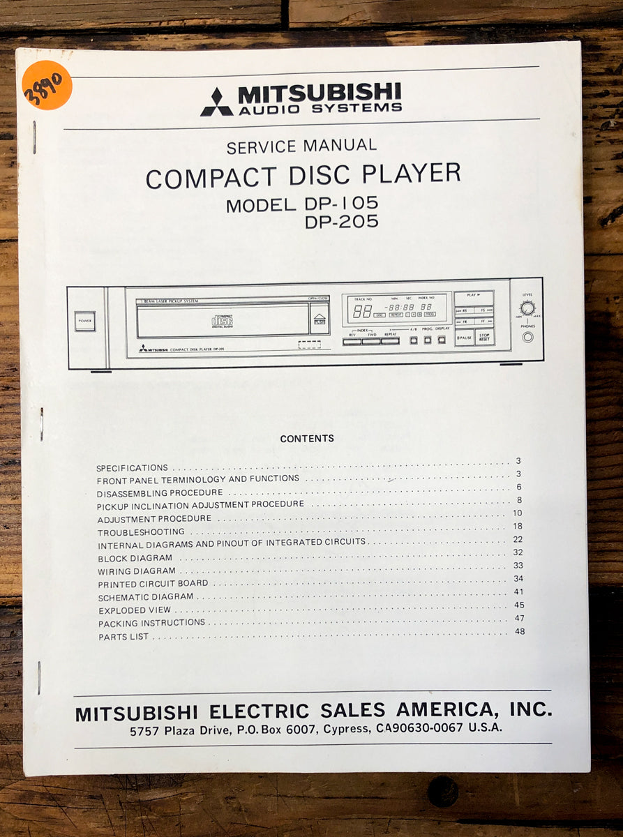 Mitsubishi DP-105 DP-205 CD Player  Service Manual *Original*