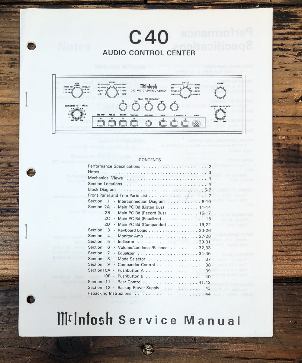 McIntosh C-40 Preamp / Preamplifier Service Manual *Original*