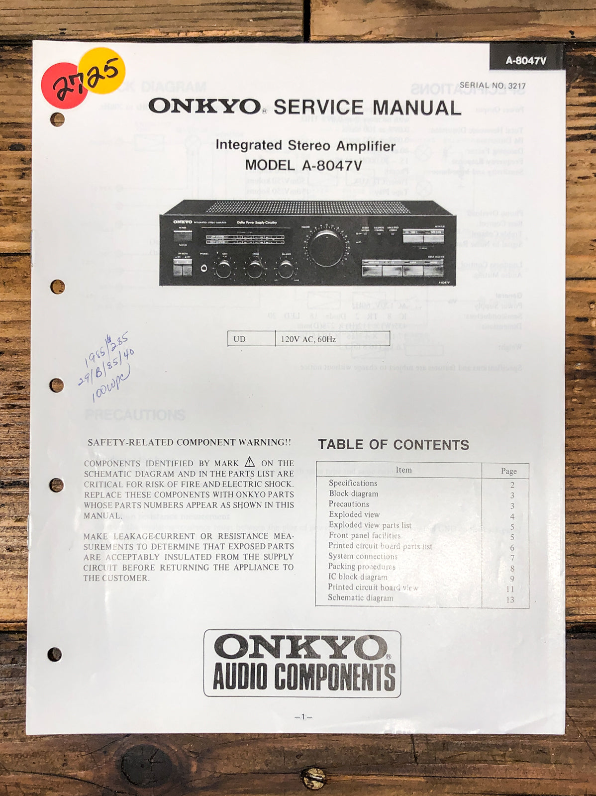 Hitachi A-8047V Amplifier Service Manual *Original*