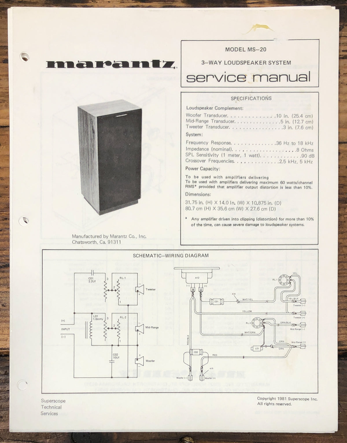 Marantz MS-20 Speaker Service Data Sheet  *Original*