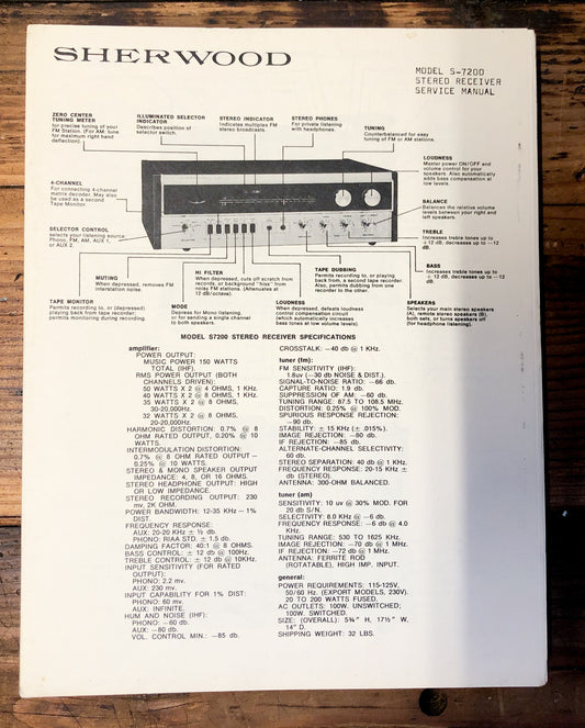 Sherwood S-7200 Receiver  Service Manual *Original*