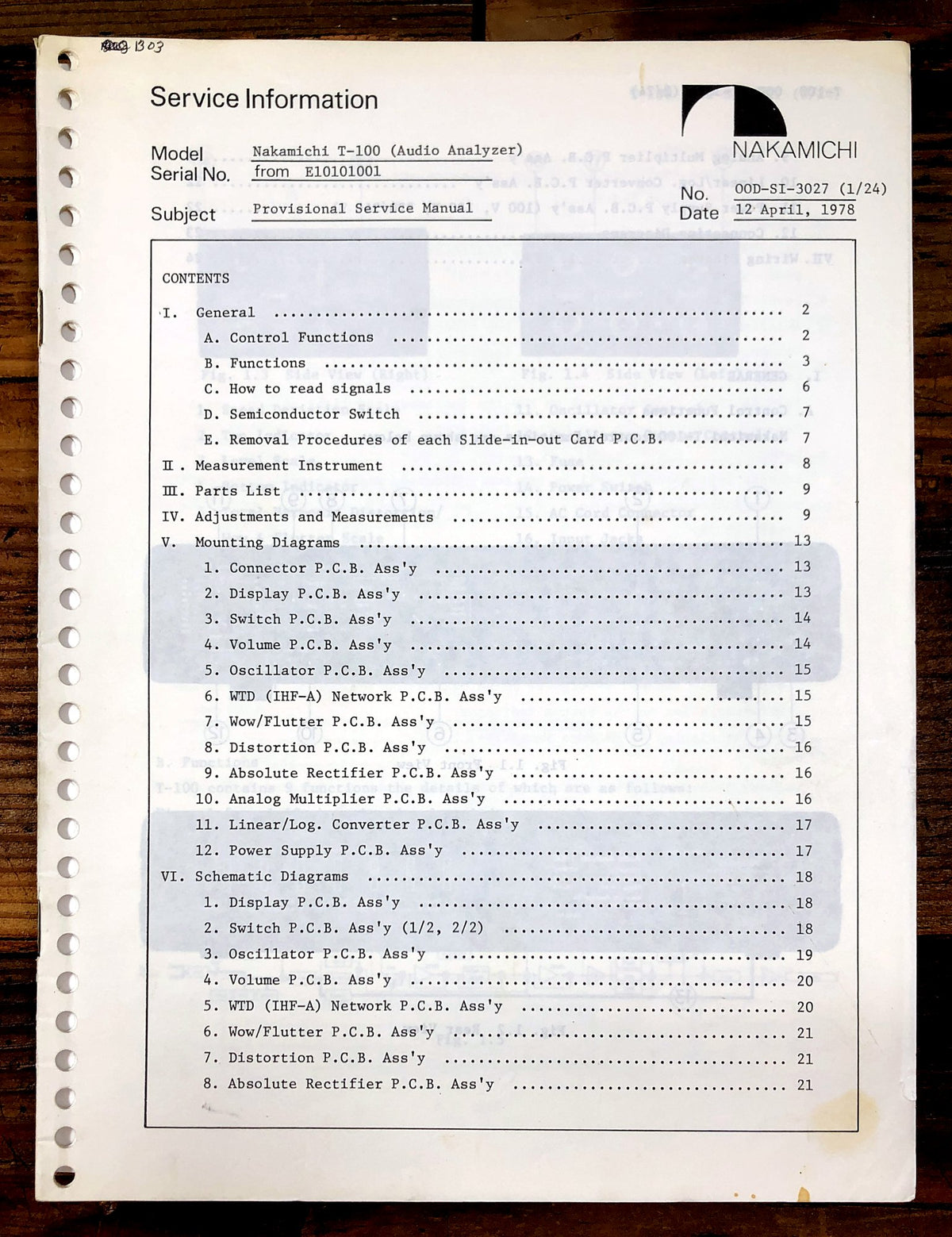Nakamichi T-100 Audio Analyzer Supp. Service Manual *Original*