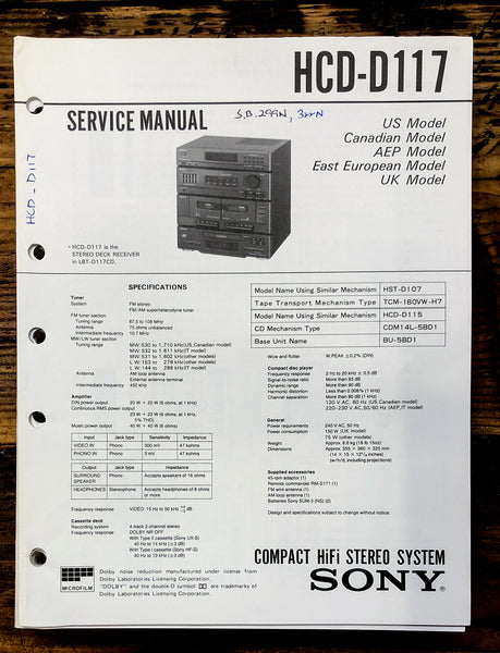 Sony HCD-D117 Stereo  Service Manual *Original*