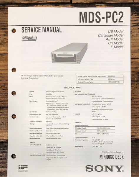 Sony MDS-PC2 MD Player Service Manual *Original*