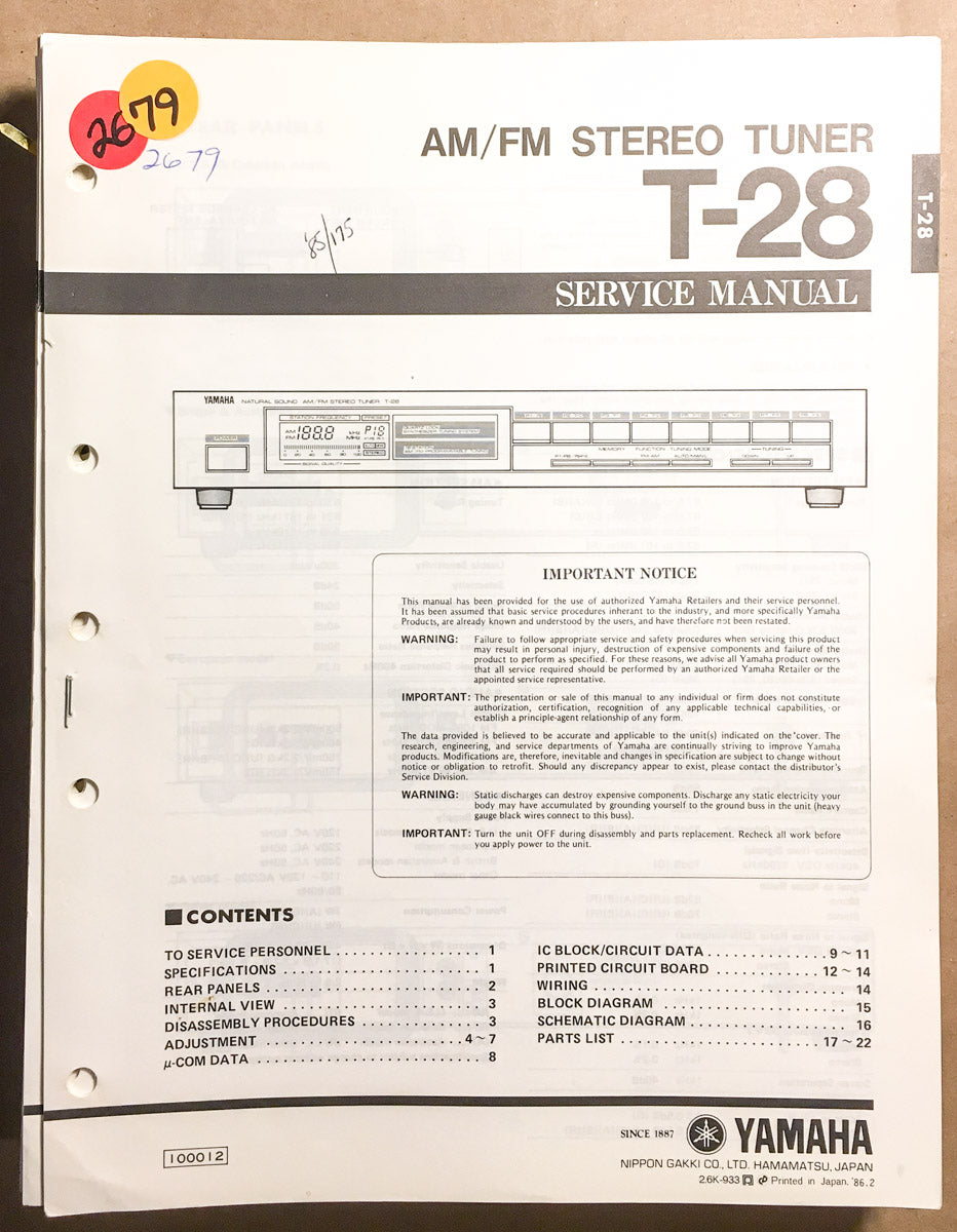Yamaha T-28 Tuner  Service Manual *Original*